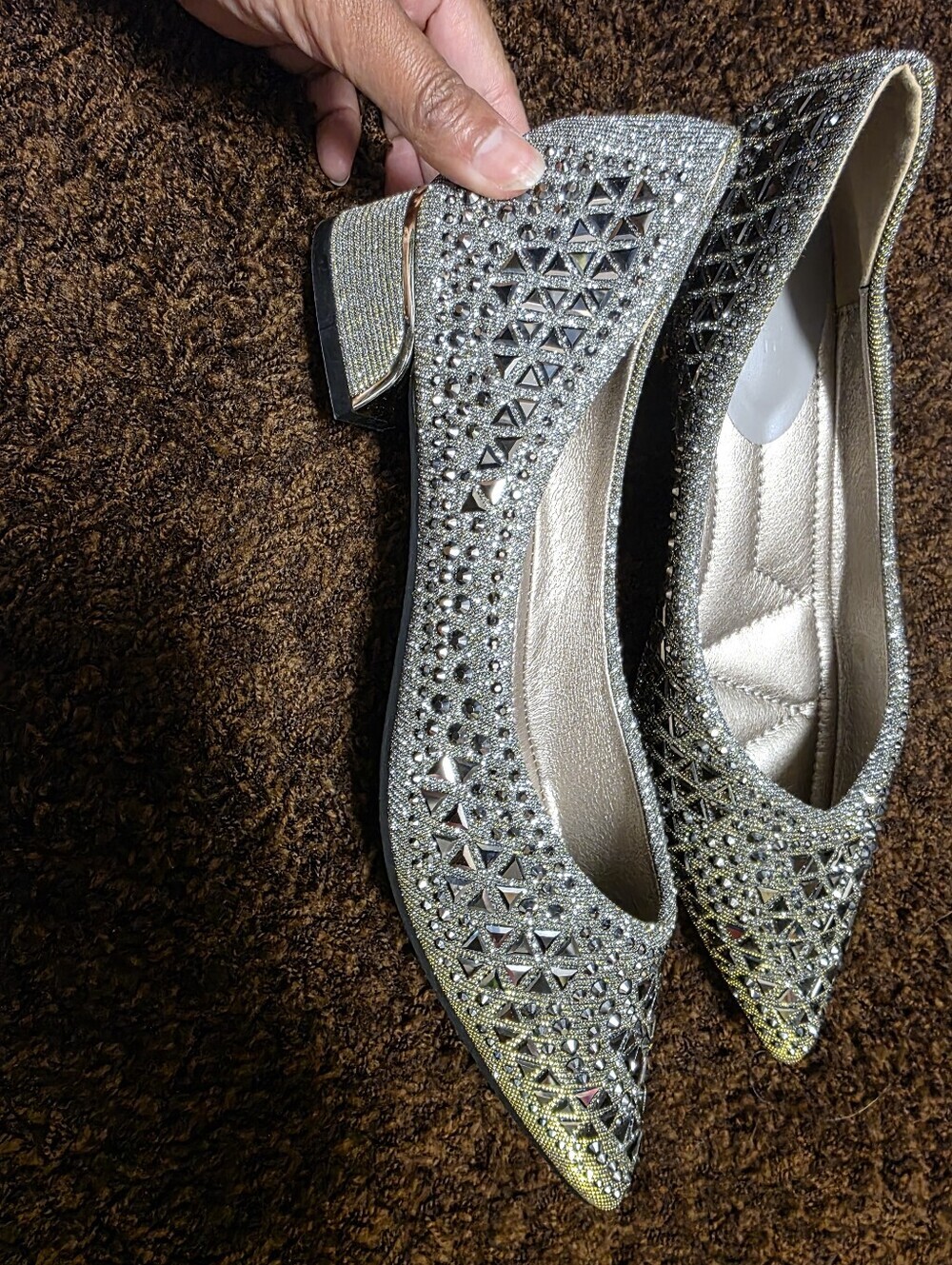 Women’s Silver Rhinestone Pointed Toe Low Heel Flats